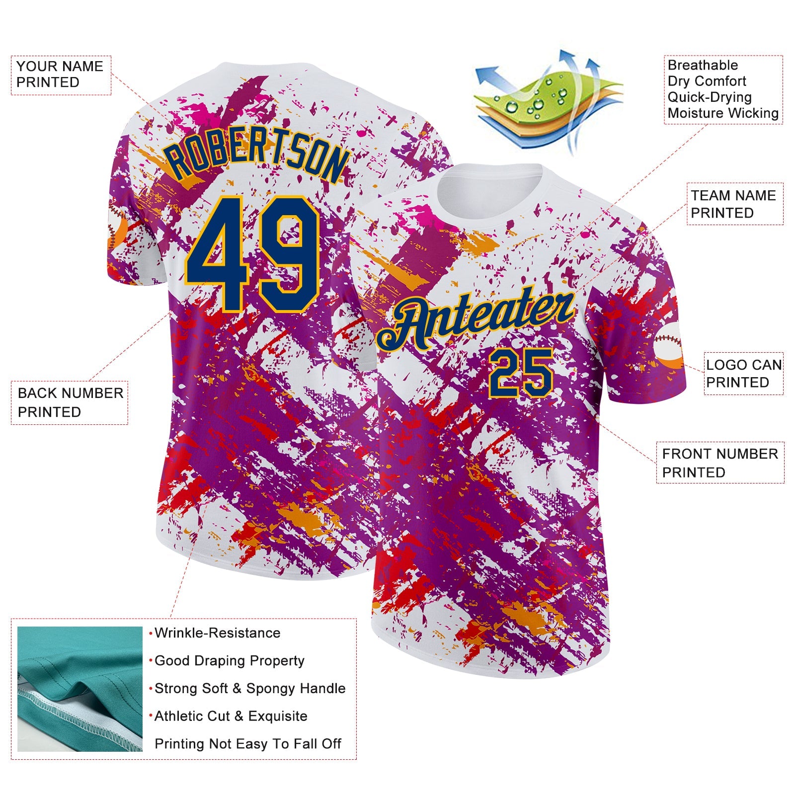 Custom White US Navy Blue Purple Red-Gold Grunge Paint Splatter Performance T-Shirt view 2