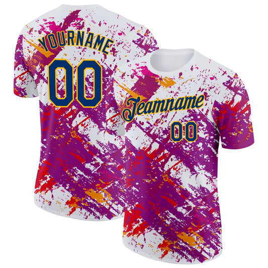 Custom White US Navy Blue Purple Red-Gold Grunge Paint Splatter Performance T-Shirt - Main View