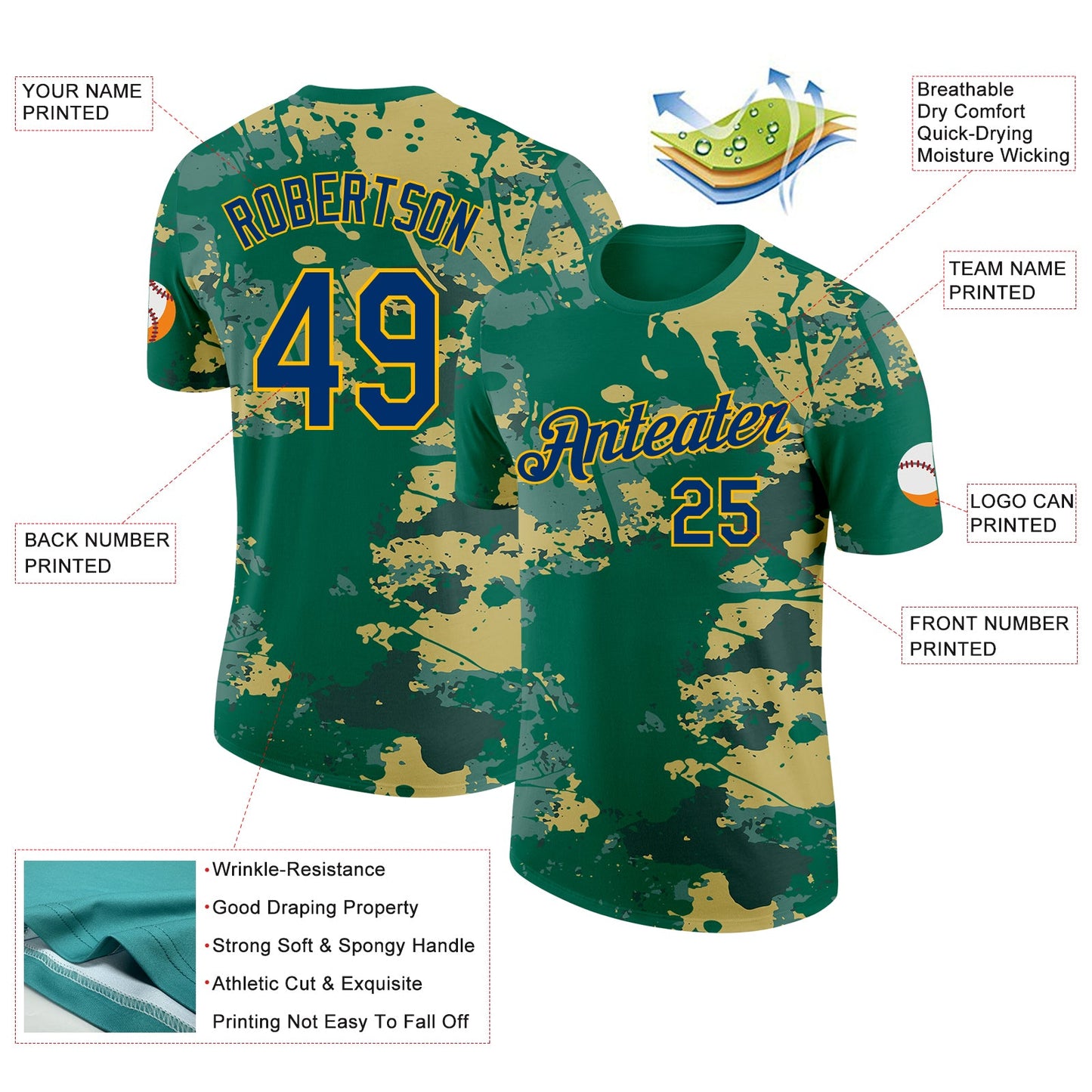 Custom Kelly Green US Navy Blue-Gold Grunge Paint Splatter Performance T-Shirt view 2