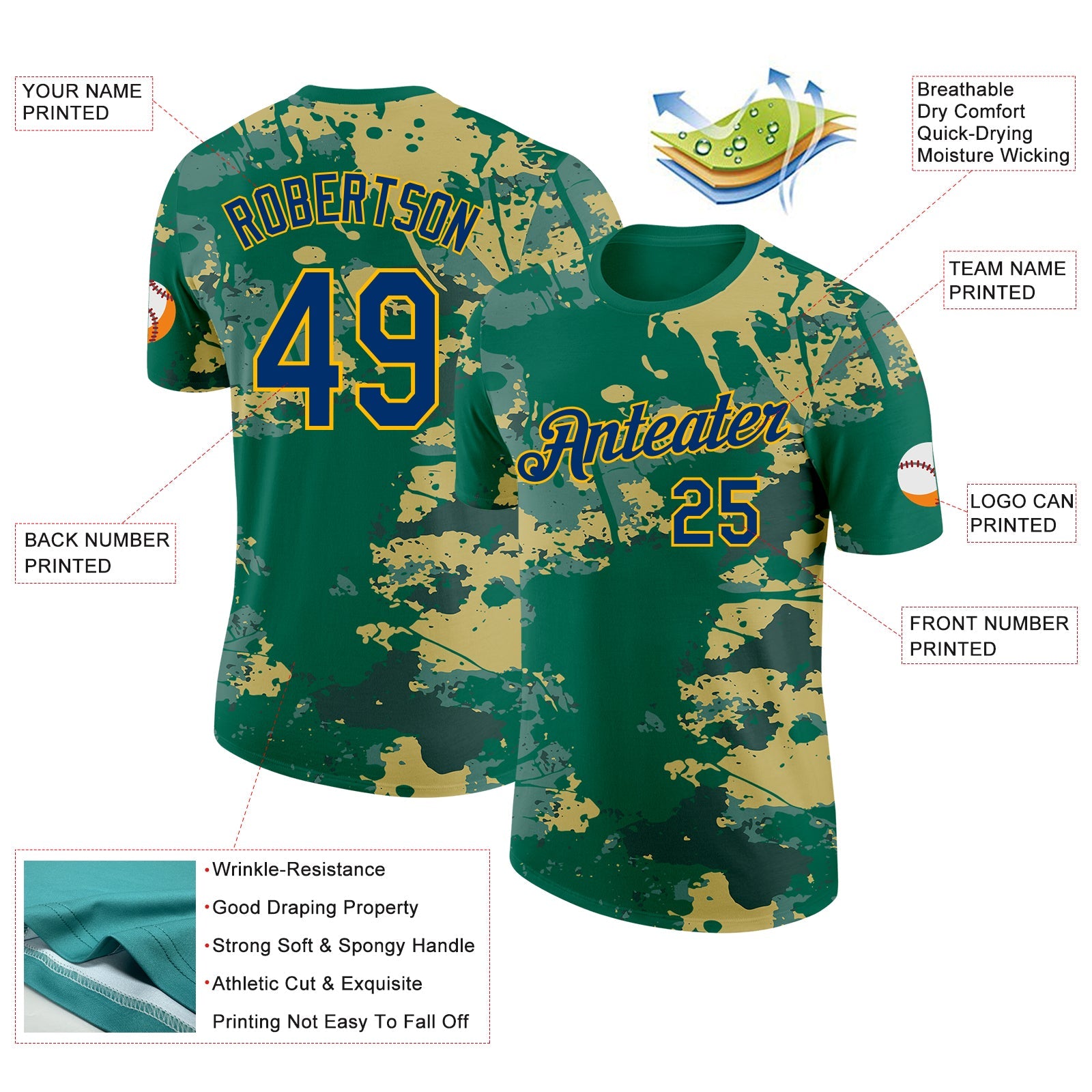 Custom Kelly Green US Navy Blue-Gold Grunge Paint Splatter Performance T-Shirt view 2