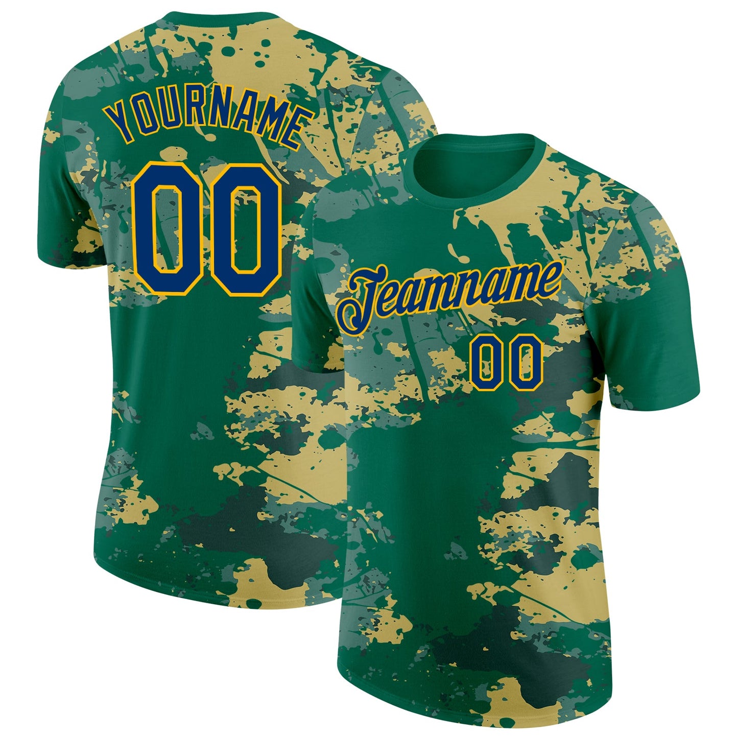 Custom Kelly Green US Navy Blue-Gold Grunge Paint Splatter Performance T-Shirt - Main View