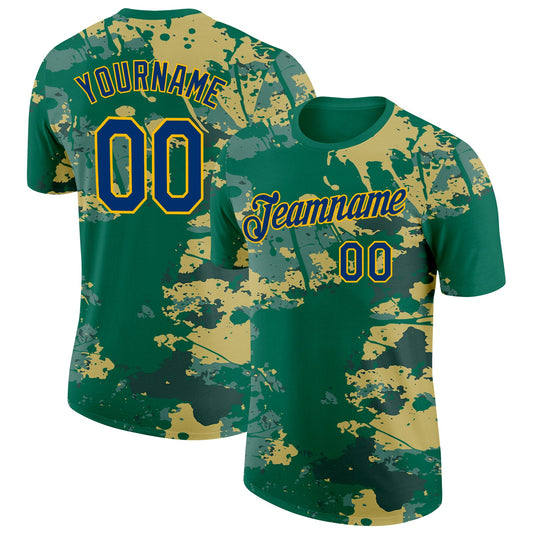 Custom Kelly Green US Navy Blue-Gold Grunge Paint Splatter Performance T-Shirt - Main View