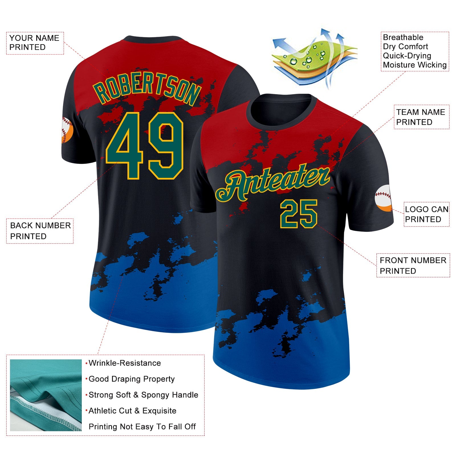 Custom Black Midnight Green Red Blue-Gold Grunge Paint Splatter Performance T-Shirt view 2