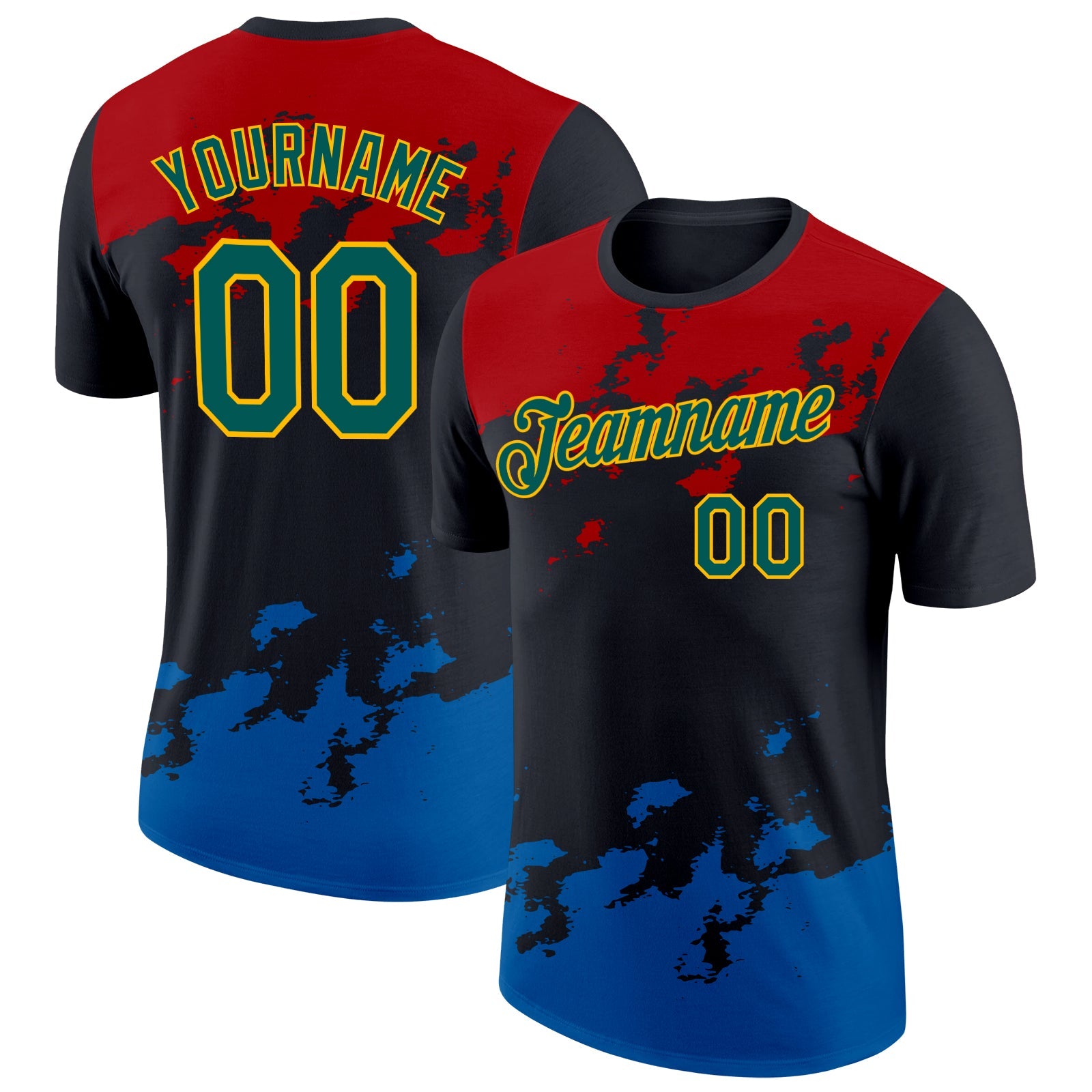 Custom Black Midnight Green Red Blue-Gold Grunge Paint Splatter Performance T-Shirt - Main View