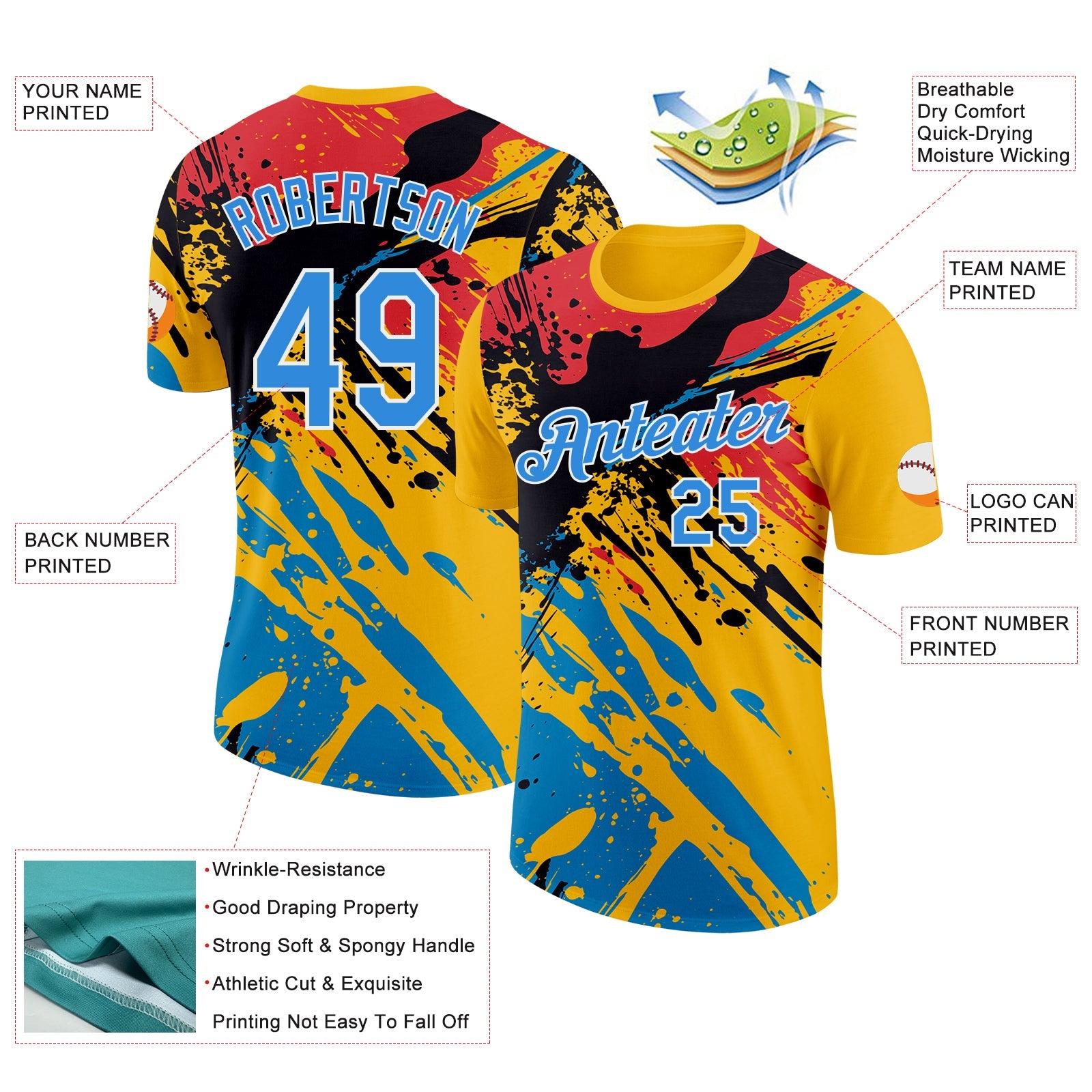 Custom Yellow Powder Blue Pink Black-White Grunge Paint Splatter Performance T-Shirt view 2