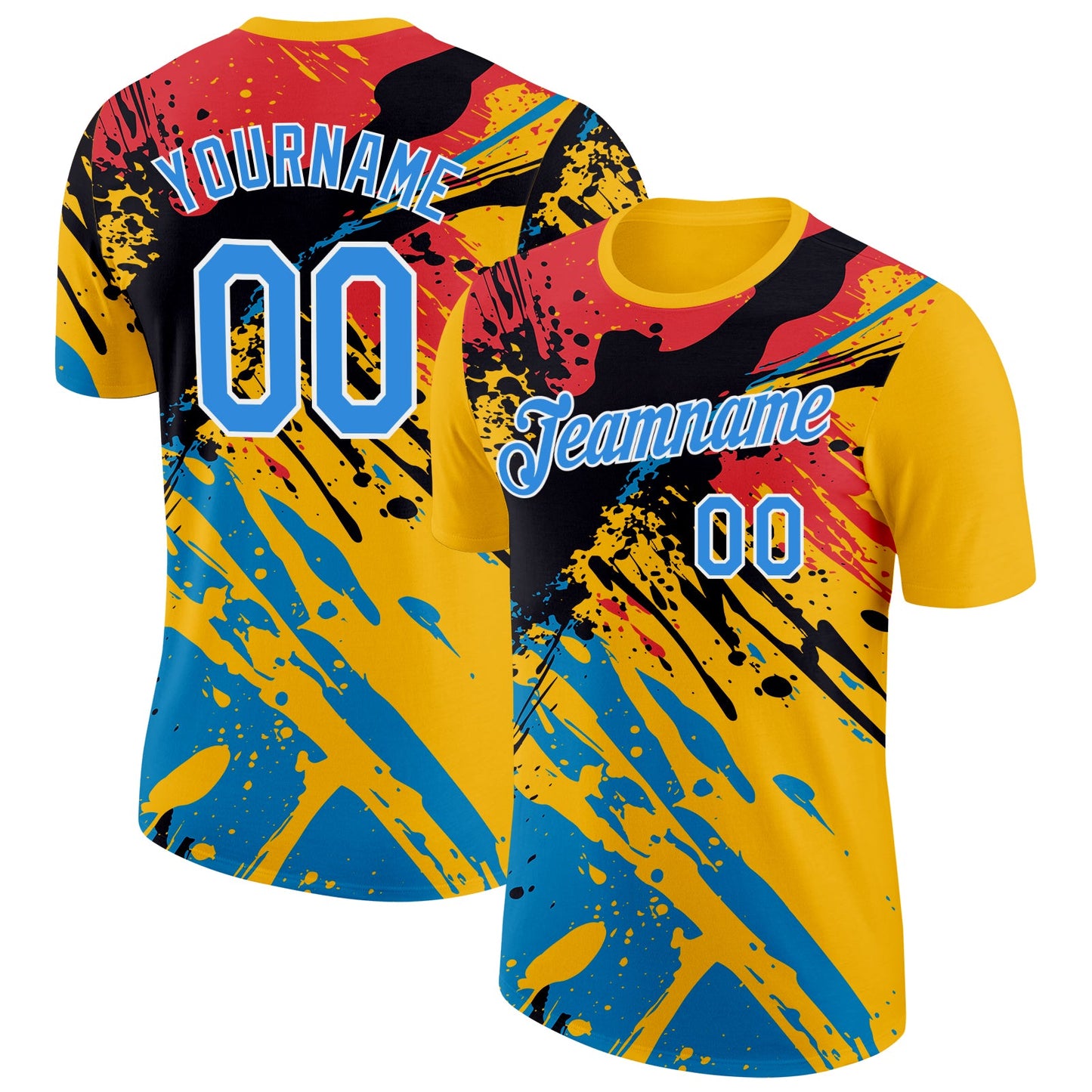 Custom Yellow Powder Blue Pink Black-White Grunge Paint Splatter Performance T-Shirt - Main View