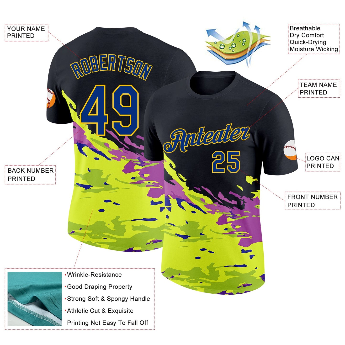Custom Black Royal Purple Green-Yellow Grunge Paint Splatter Performance T-Shirt view 2