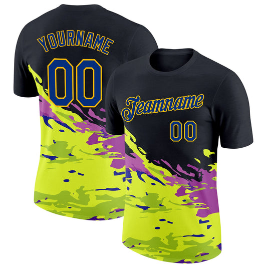 Custom Black Royal Purple Green-Yellow Grunge Paint Splatter Performance T-Shirt - Main View
