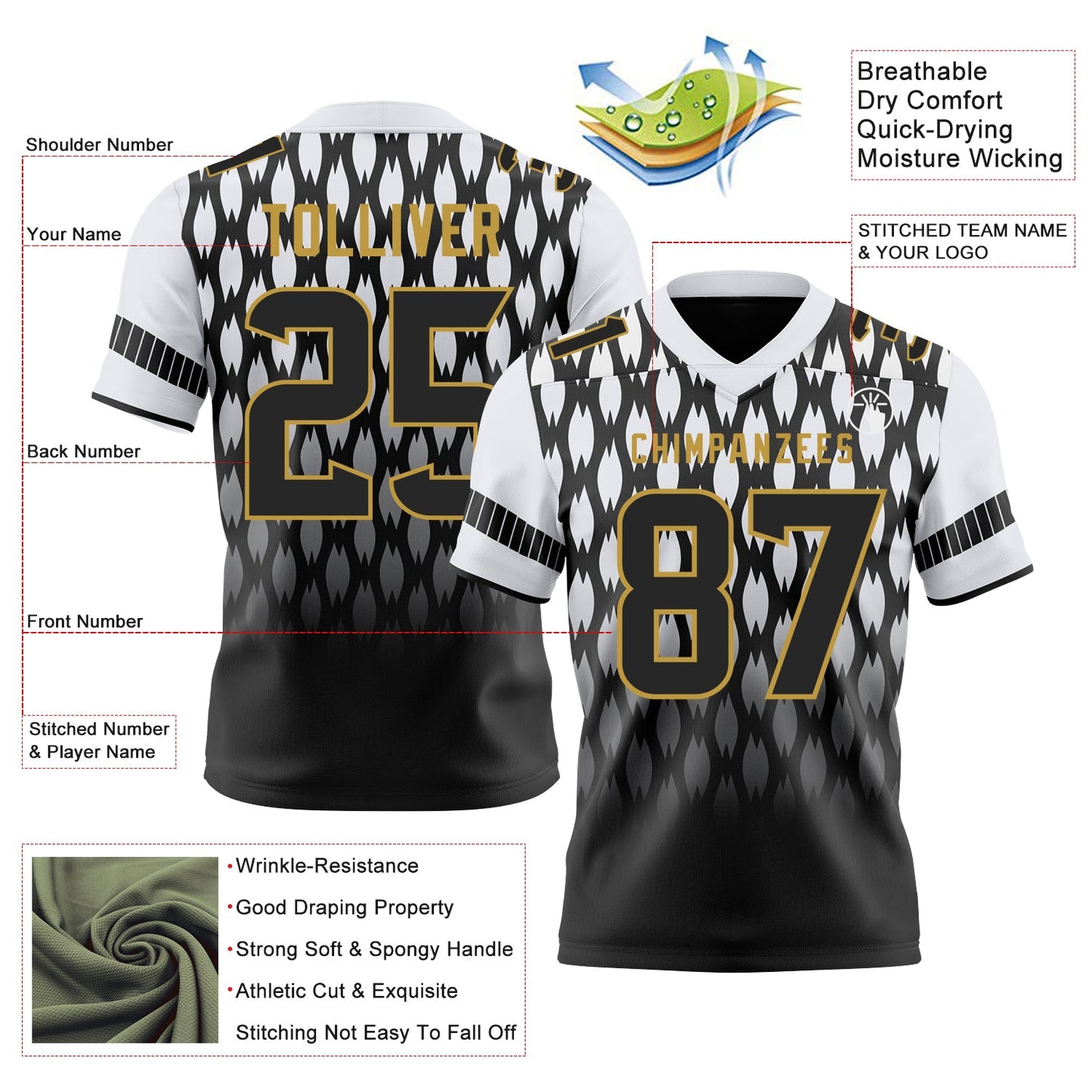 Custom Black White-Old Gold Authentic Geometric Pixel Grid Fade Football Jersey view 3