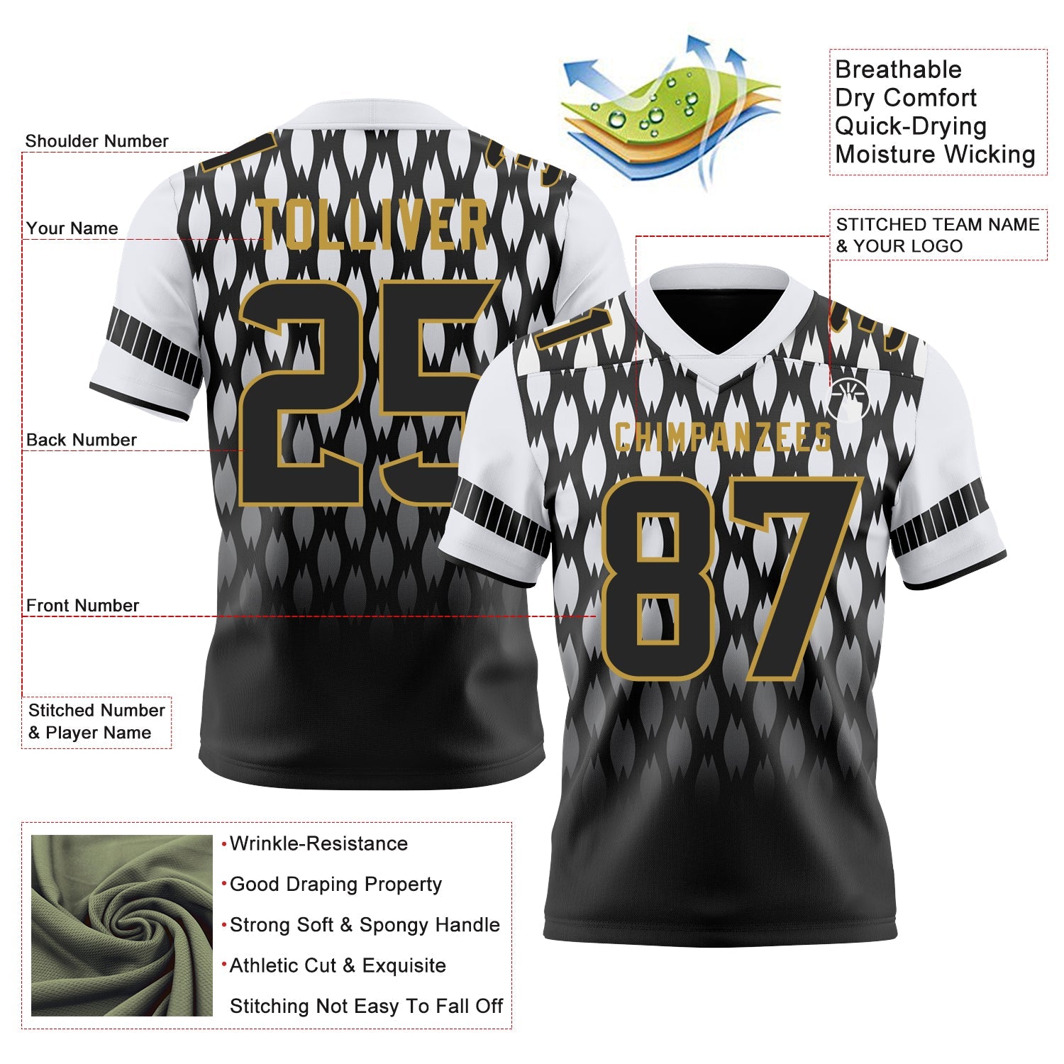 Custom Black White-Old Gold Authentic Geometric Pixel Grid Fade Football Jersey view 3