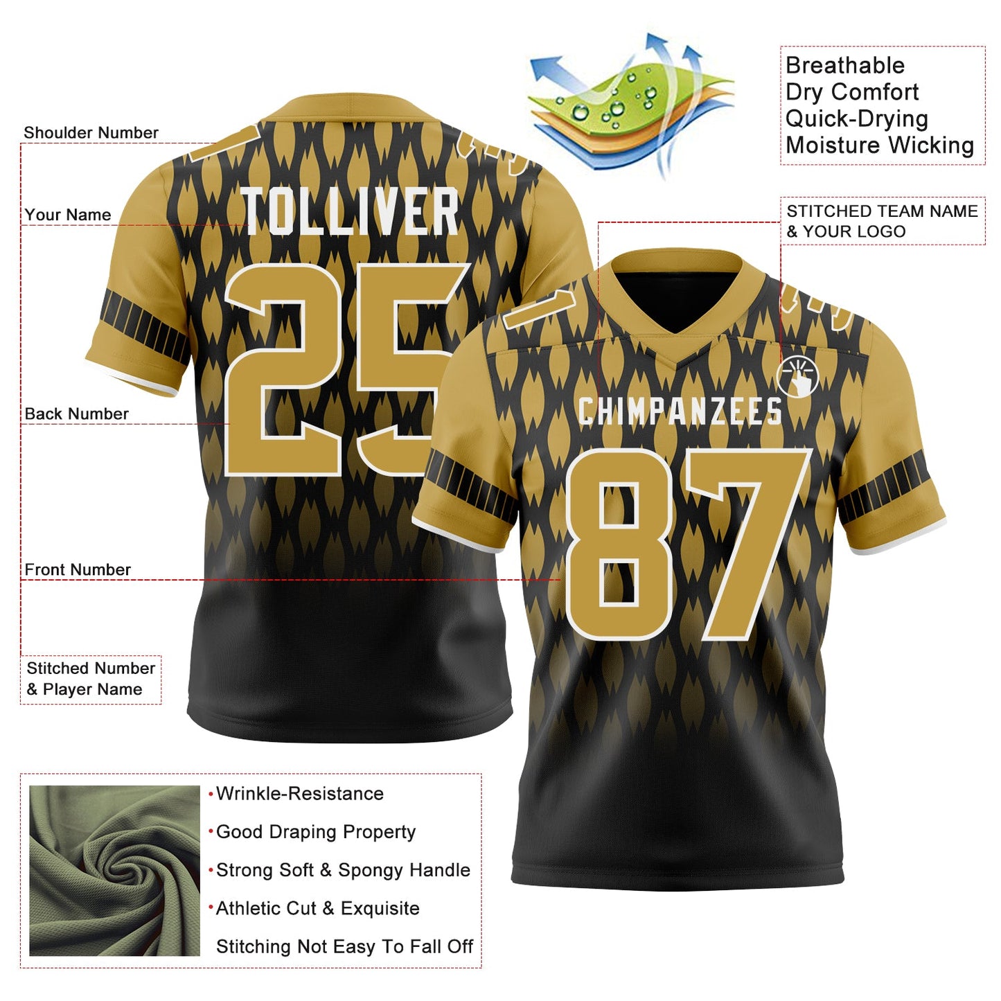Custom Black Old Gold-White Authentic Geometric Pixel Grid Fade Football Jersey view 3