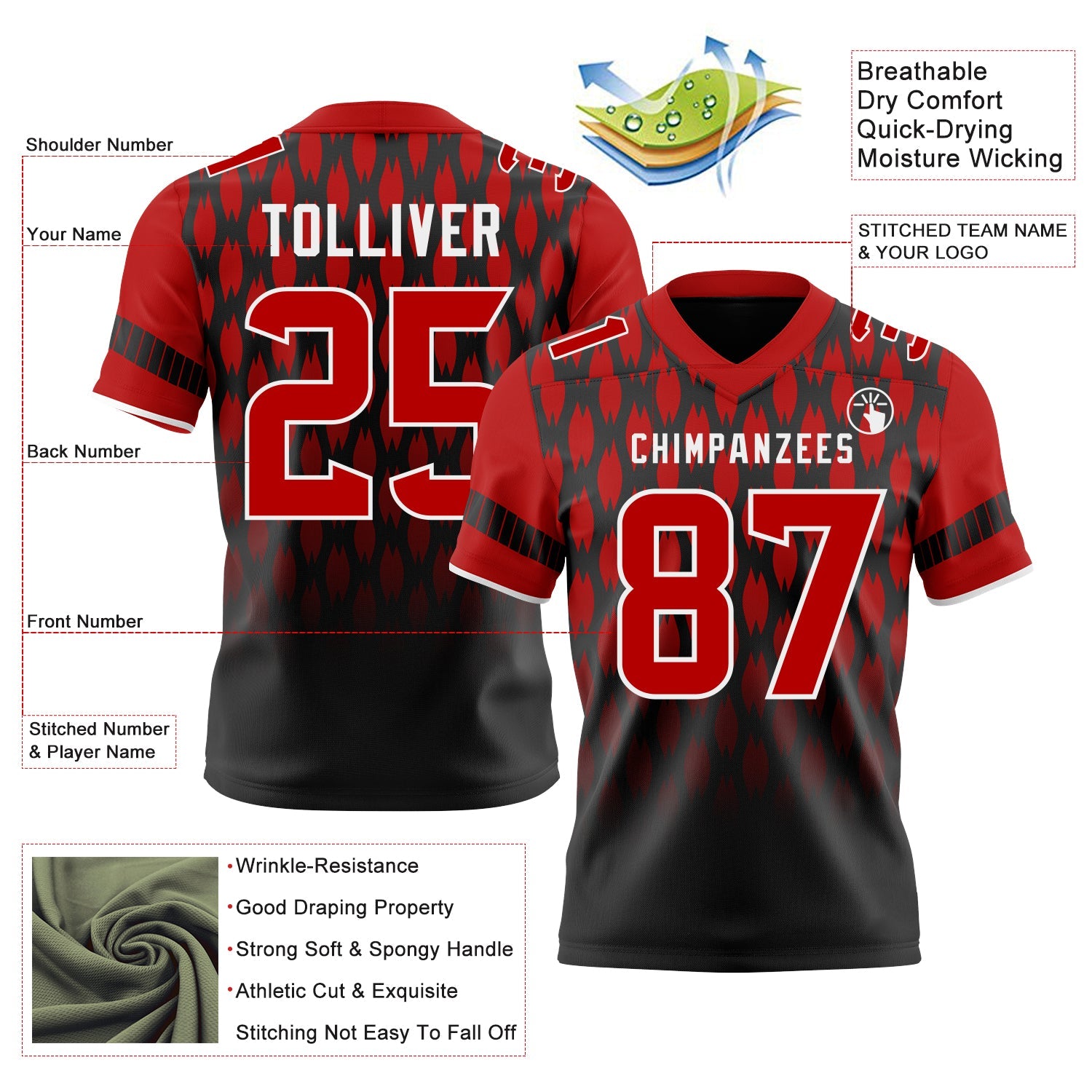 Custom Black Red-White Authentic Geometric Pixel Grid Fade Football Jersey view 3