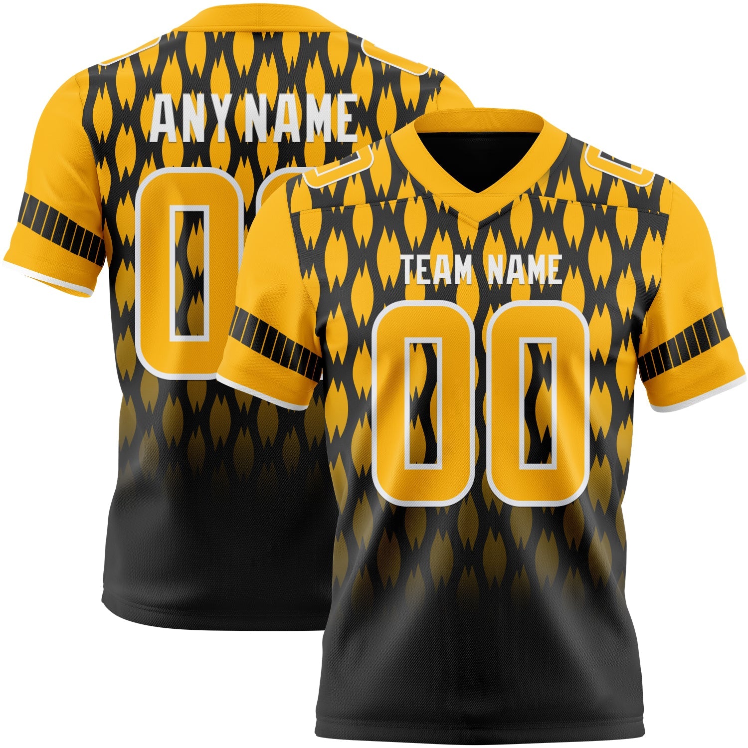 Custom Black Gold-White Authentic Geometric Pixel Grid Fade Football Jersey - Main View
