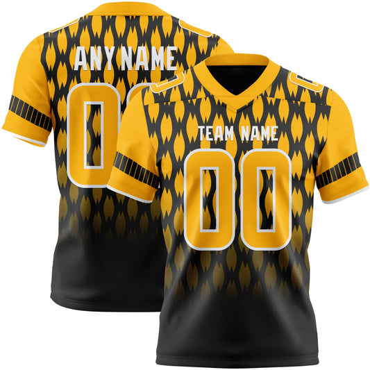 Custom Black Gold-White Authentic Geometric Pixel Grid Fade Football Jersey - Main View