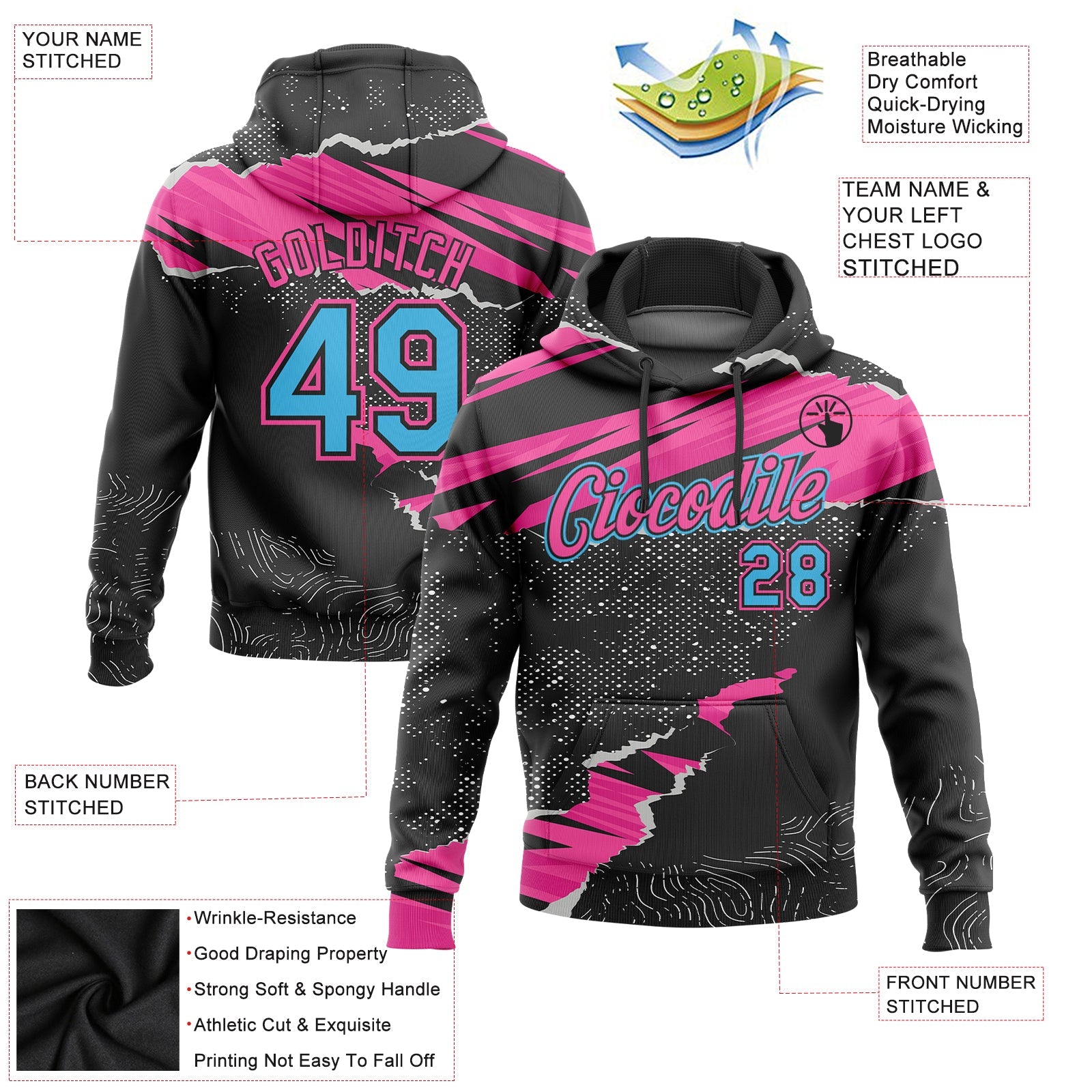 Custom Stitched Black Sky Blue-Pink 3D Pattern Design Torn Paper Style Sports Pullover Sweatshirt Hoodie view 2