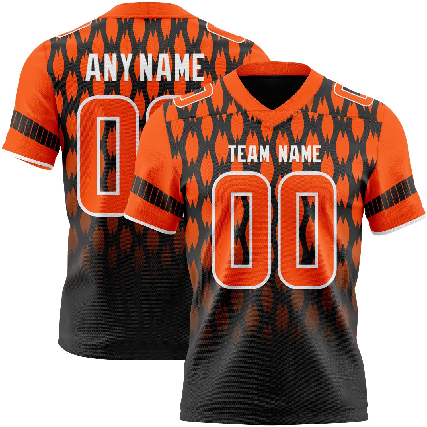 Custom Black Orange-White Authentic Geometric Pixel Grid Fade Football Jersey - Main View