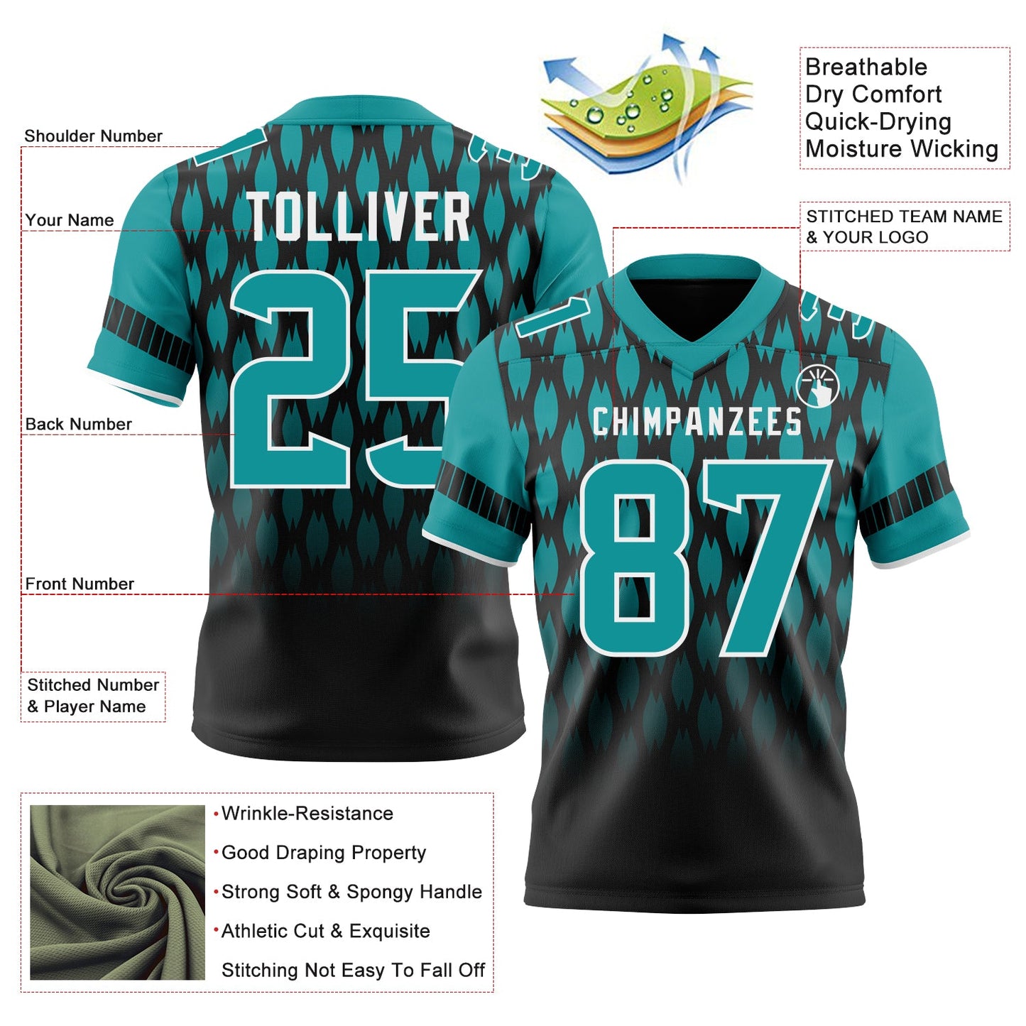 Custom Black Teal-White Authentic Geometric Pixel Grid Fade Football Jersey view 3