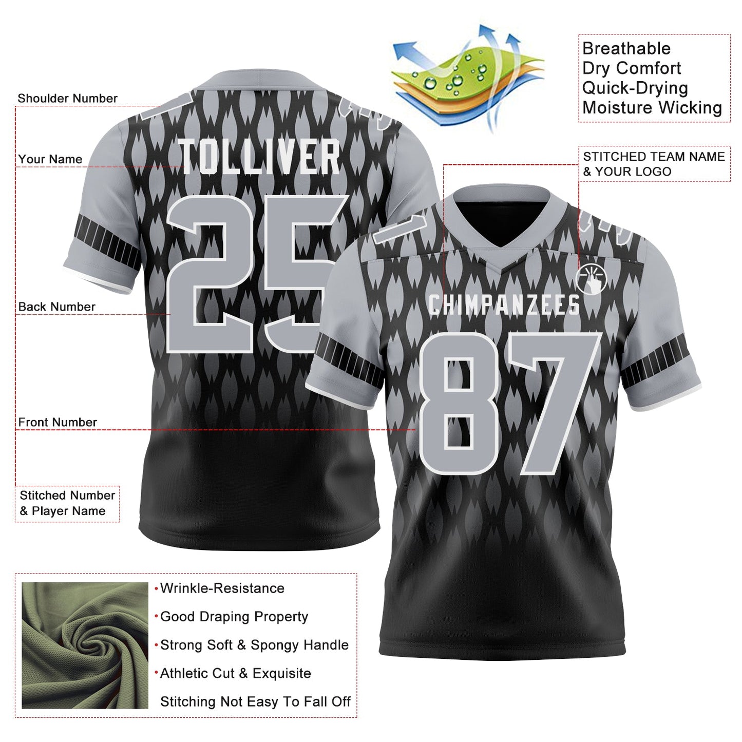 Custom Black Gray-White Authentic Geometric Pixel Grid Fade Football Jersey view 3