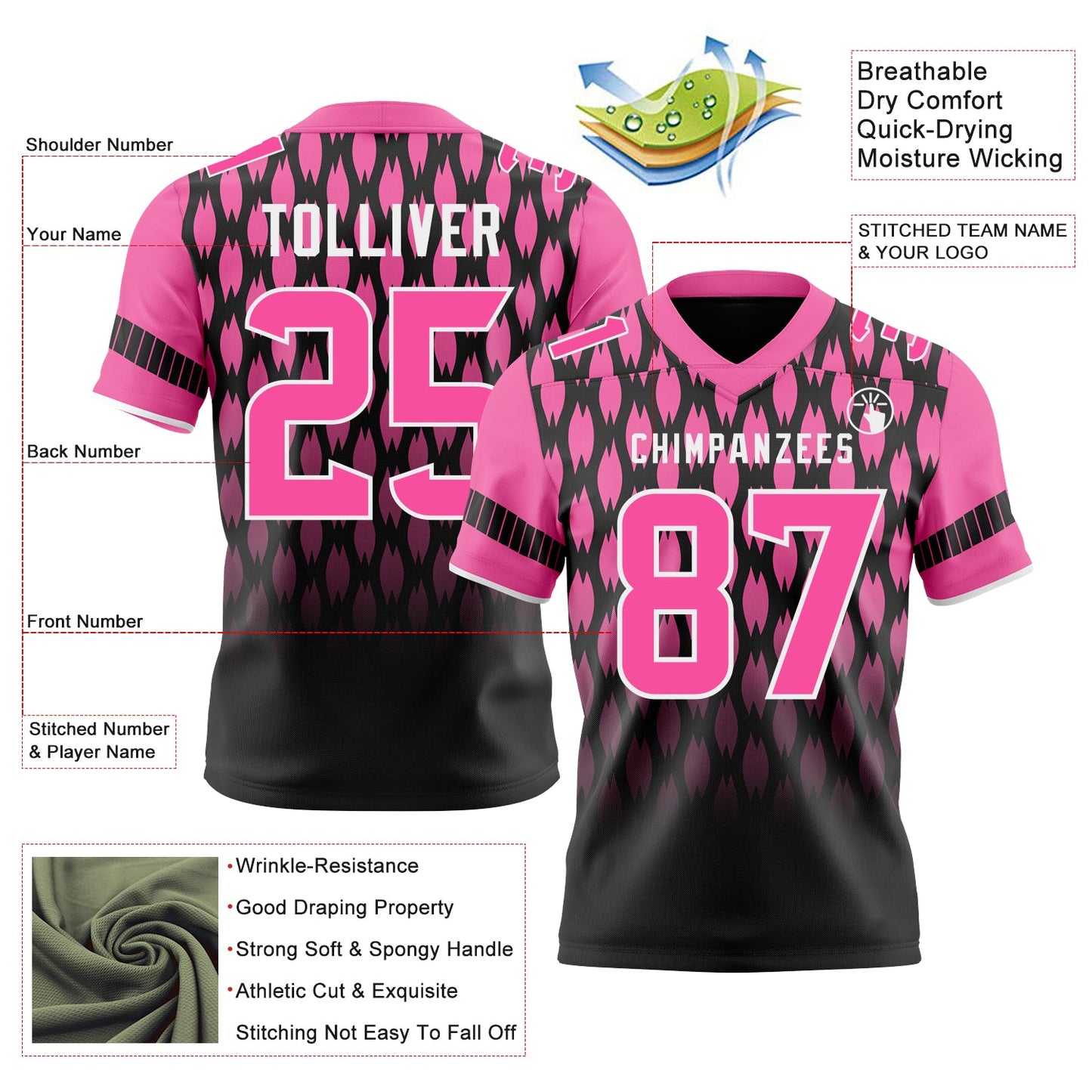 Custom Black Pink-White Authentic Geometric Pixel Grid Fade Football Jersey view 3