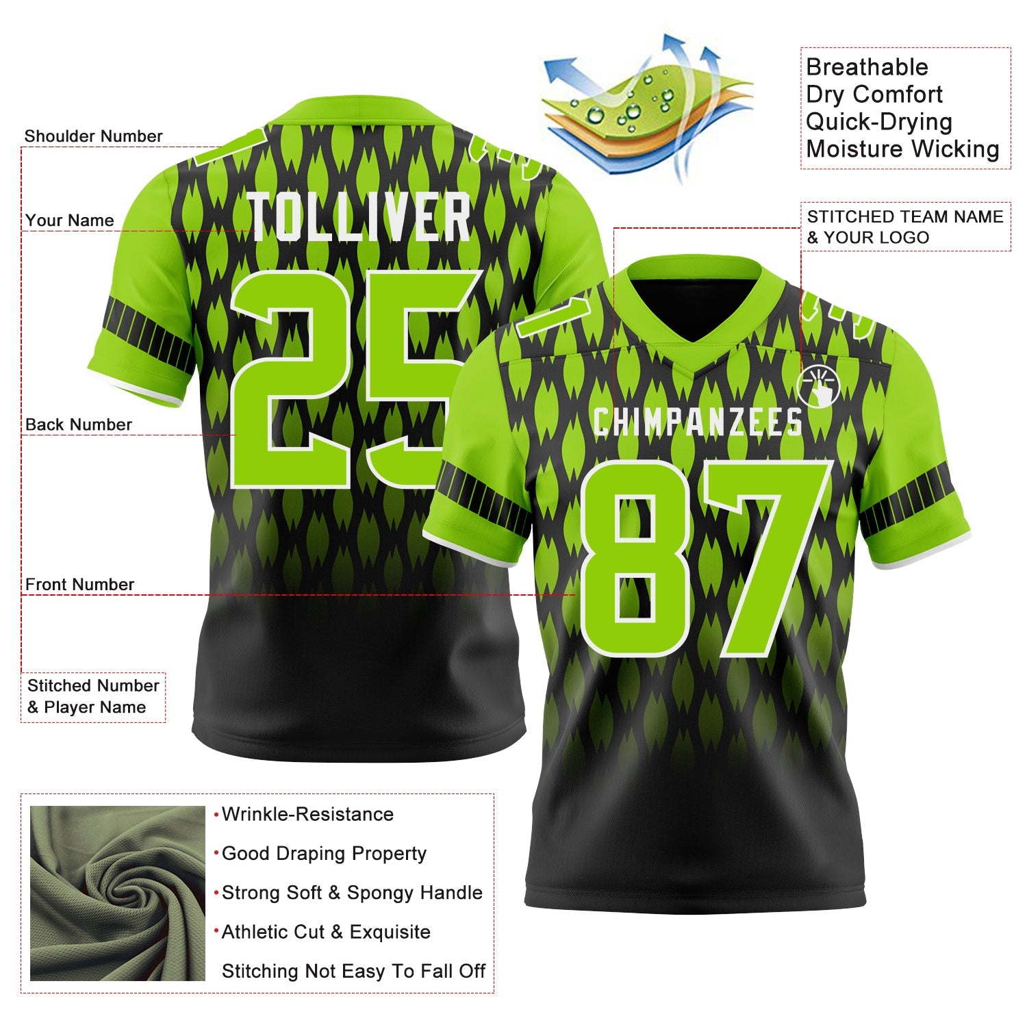 Custom Black Neon Green-White Authentic Geometric Pixel Grid Fade Football Jersey view 3