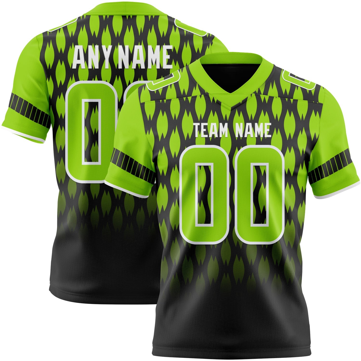 Custom Black Neon Green-White Authentic Geometric Pixel Grid Fade Football Jersey - Main View