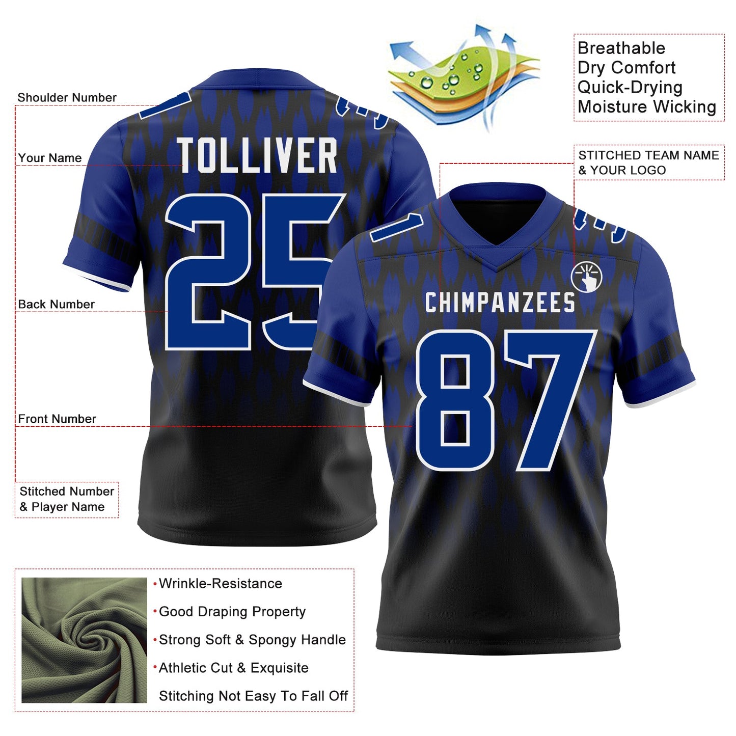 Custom Black Royal-White Authentic Geometric Pixel Grid Fade Football Jersey view 3