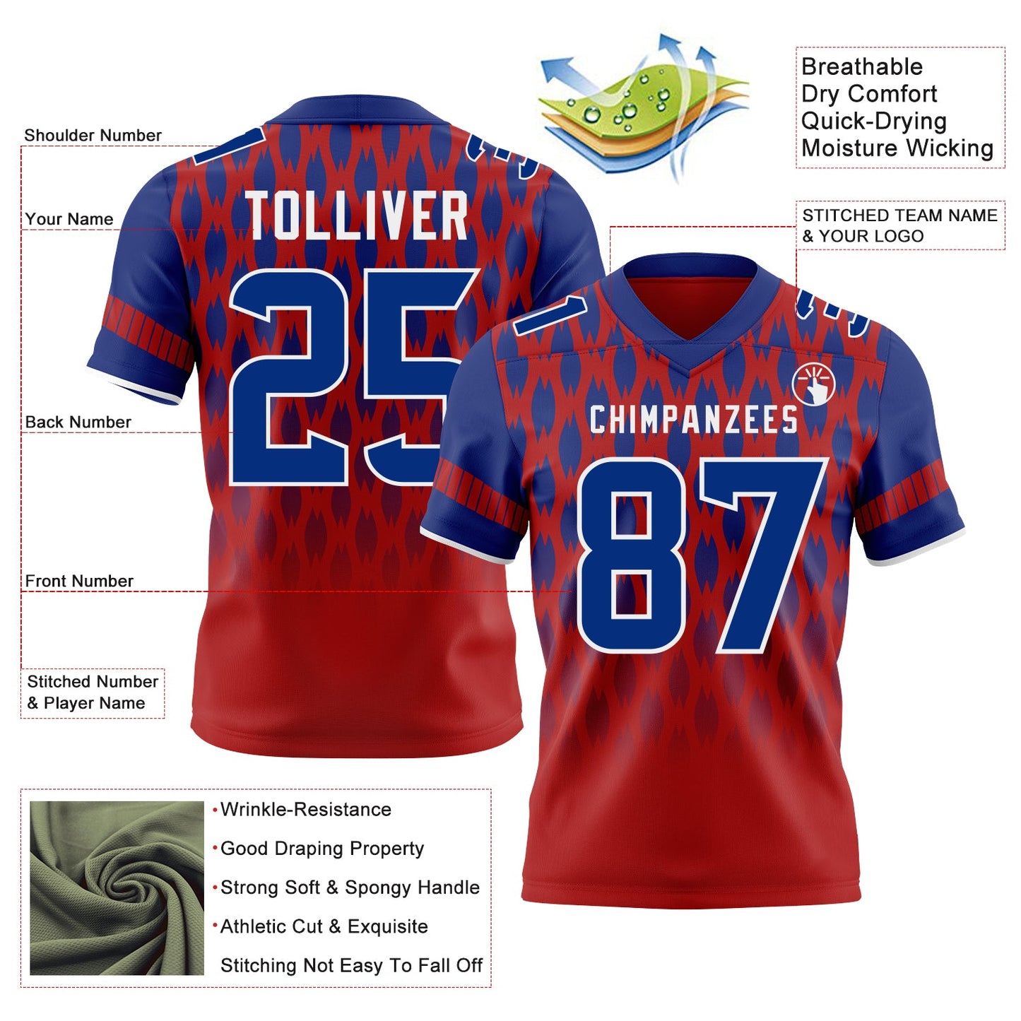 Custom Red Royal-White Authentic Geometric Pixel Grid Fade Football Jersey view 3