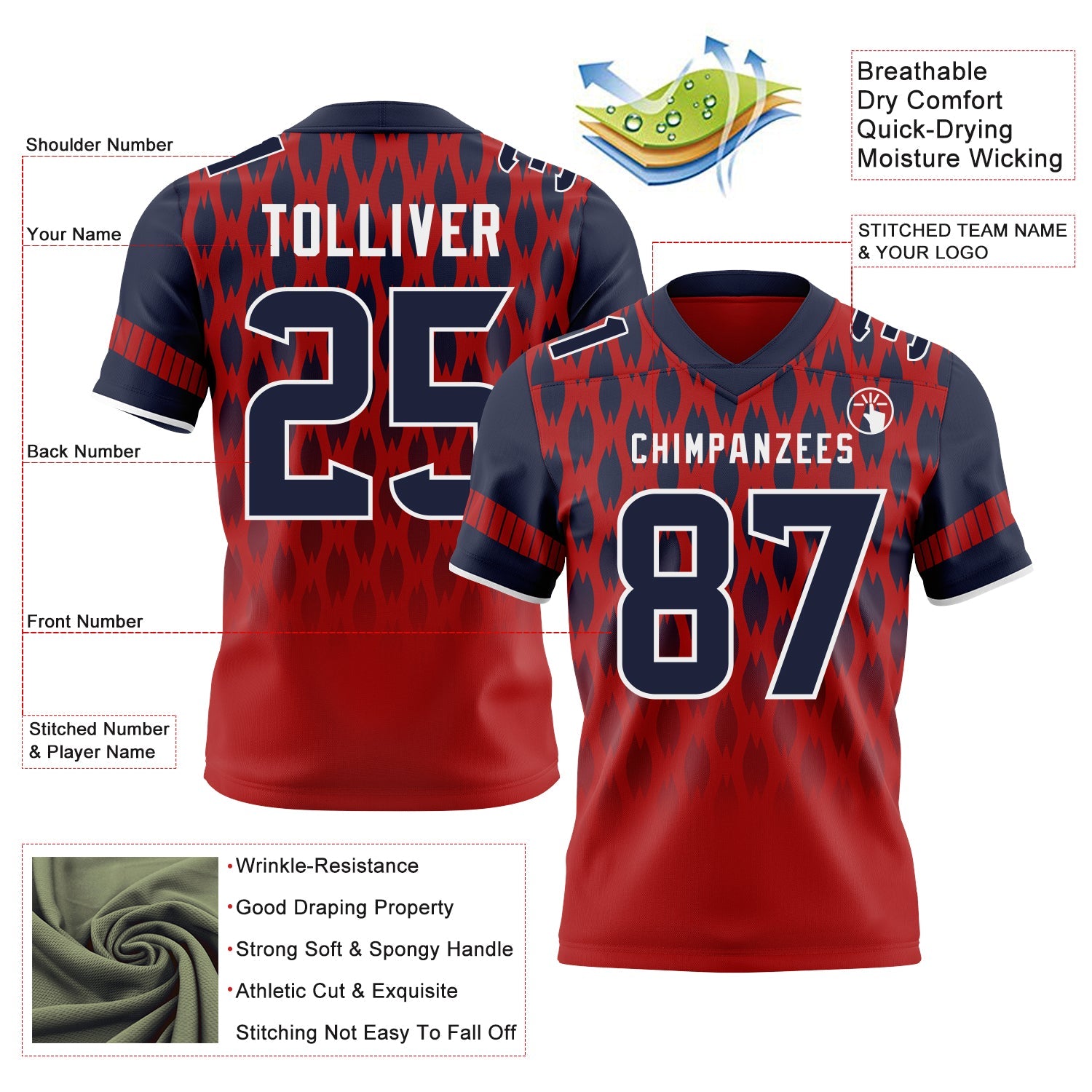 Custom Red Navy-White Authentic Geometric Pixel Grid Fade Football Jersey view 3