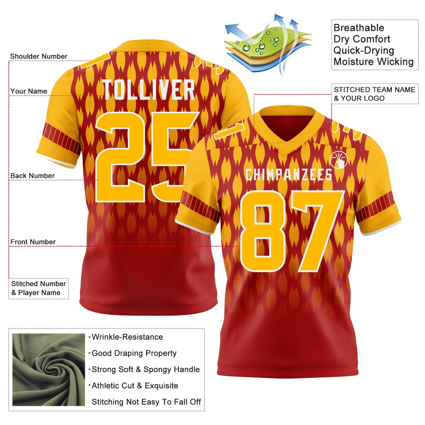 Custom Red Gold-White Authentic Geometric Pixel Grid Fade Football Jersey view 3