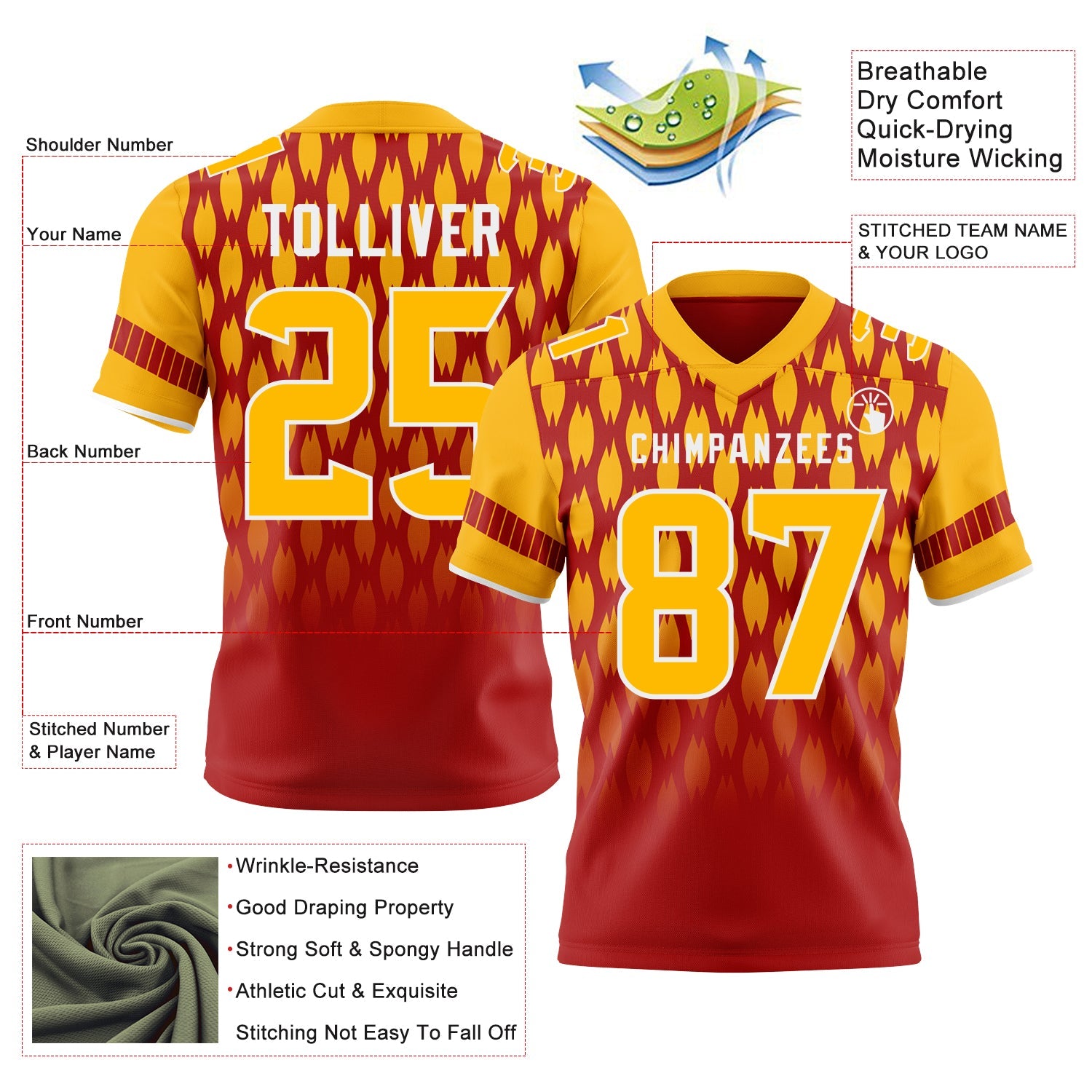 Custom Red Gold-White Authentic Geometric Pixel Grid Fade Football Jersey view 3