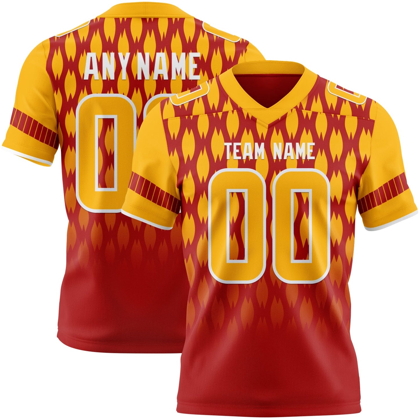 Custom Red Gold-White Authentic Geometric Pixel Grid Fade Football Jersey - Main View