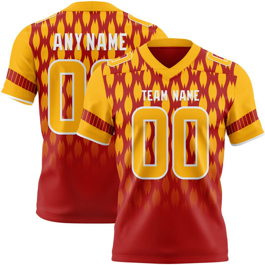 Custom Red Gold-White Authentic Geometric Pixel Grid Fade Football Jersey - Main View