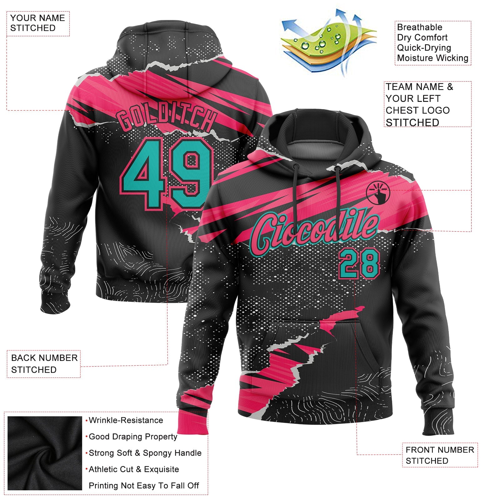 Custom Stitched Black Aqua-Neon Pink 3D Pattern Design Torn Paper Style Sports Pullover Sweatshirt Hoodie view 2