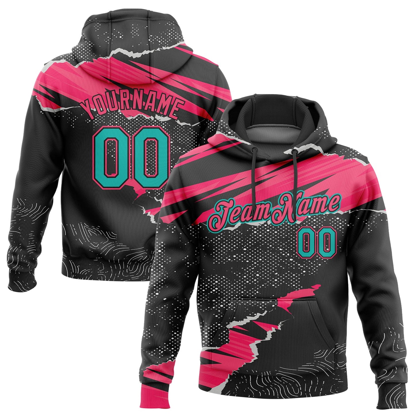 Custom Stitched Black Aqua-Neon Pink 3D Pattern Design Torn Paper Style Sports Pullover Sweatshirt Hoodie - Main View