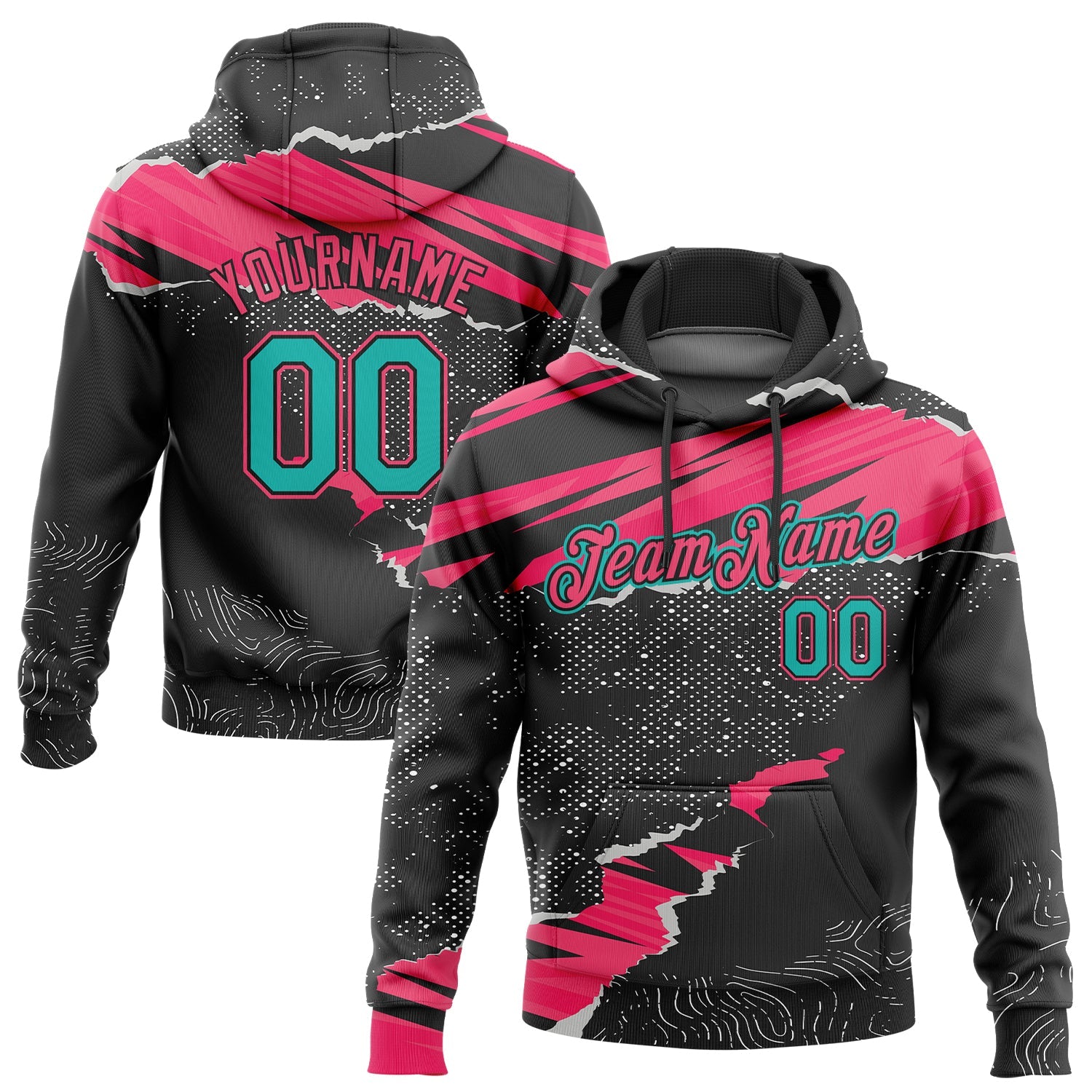 Custom Stitched Black Aqua-Neon Pink 3D Pattern Design Torn Paper Style Sports Pullover Sweatshirt Hoodie - Main View