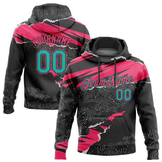 Custom Stitched Black Aqua-Neon Pink 3D Pattern Design Torn Paper Style Sports Pullover Sweatshirt Hoodie - Main View
