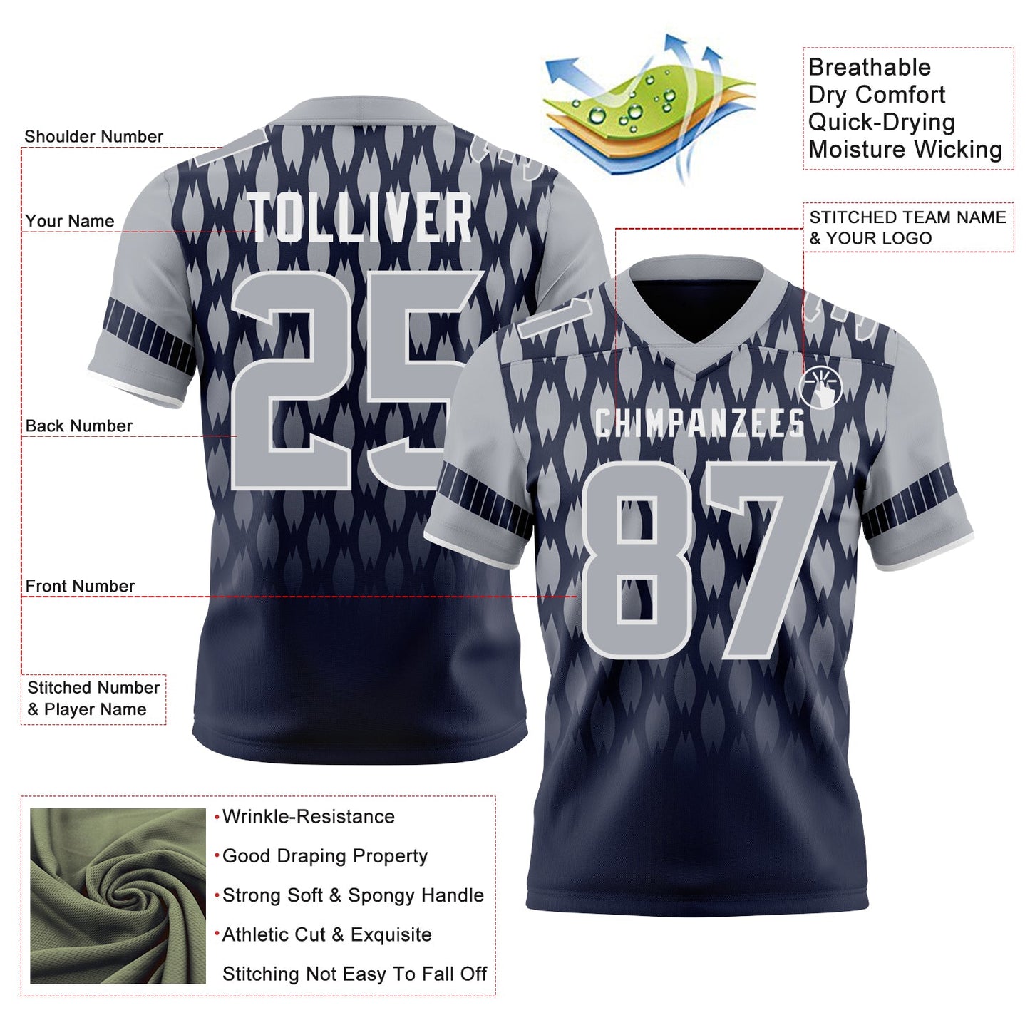 Custom Navy Gray-White Authentic Geometric Pixel Grid Fade Football Jersey view 3