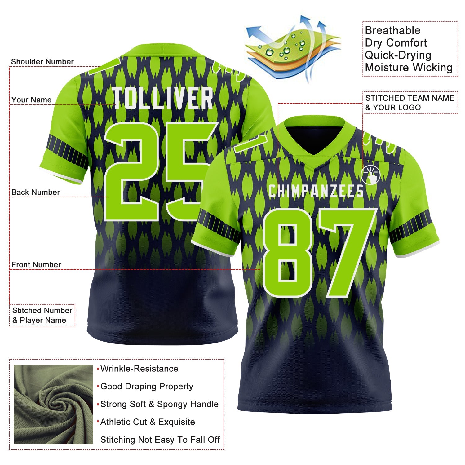 Custom Navy Neon Green-White Authentic Geometric Pixel Grid Fade Football Jersey view 3