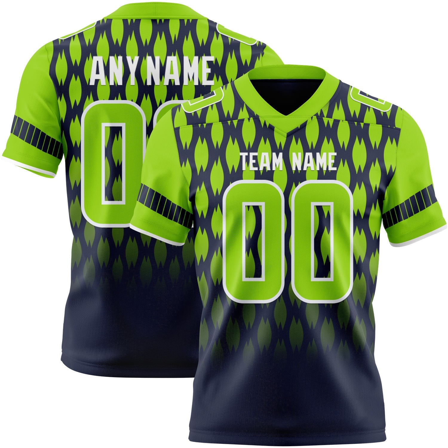 Custom Navy Neon Green-White Authentic Geometric Pixel Grid Fade Football Jersey - Main View