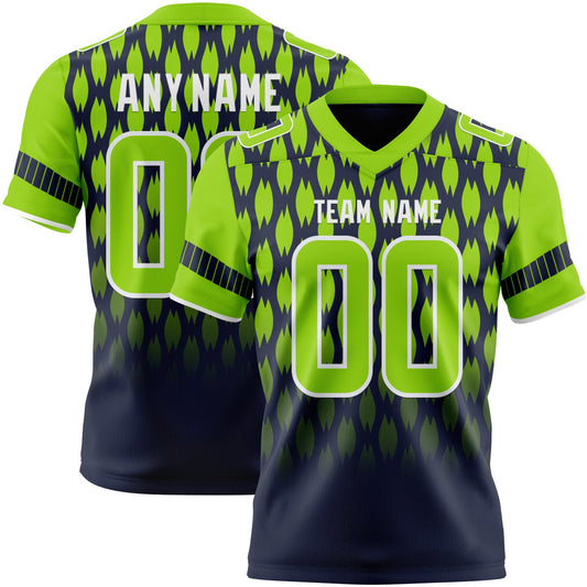 Custom Navy Neon Green-White Authentic Geometric Pixel Grid Fade Football Jersey - Main View