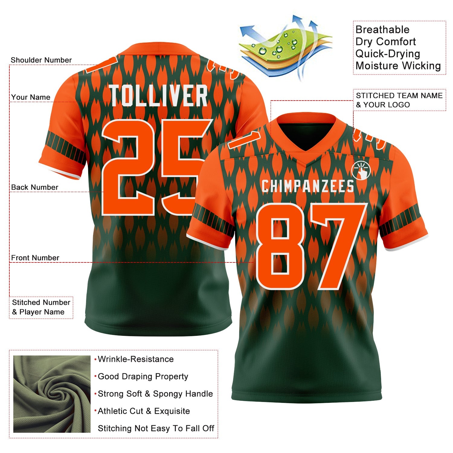 Custom Green Orange-White Authentic Geometric Pixel Grid Fade Football Jersey view 3
