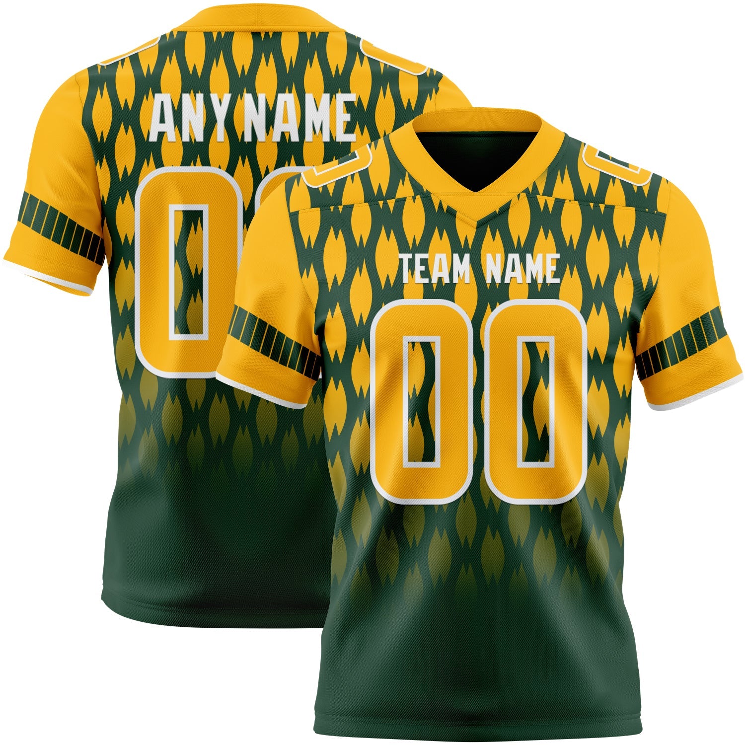 Custom Green Gold-White Authentic Geometric Pixel Grid Fade Football Jersey - Main View