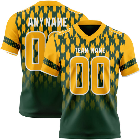 Custom Green Gold-White Authentic Geometric Pixel Grid Fade Football Jersey - Main View