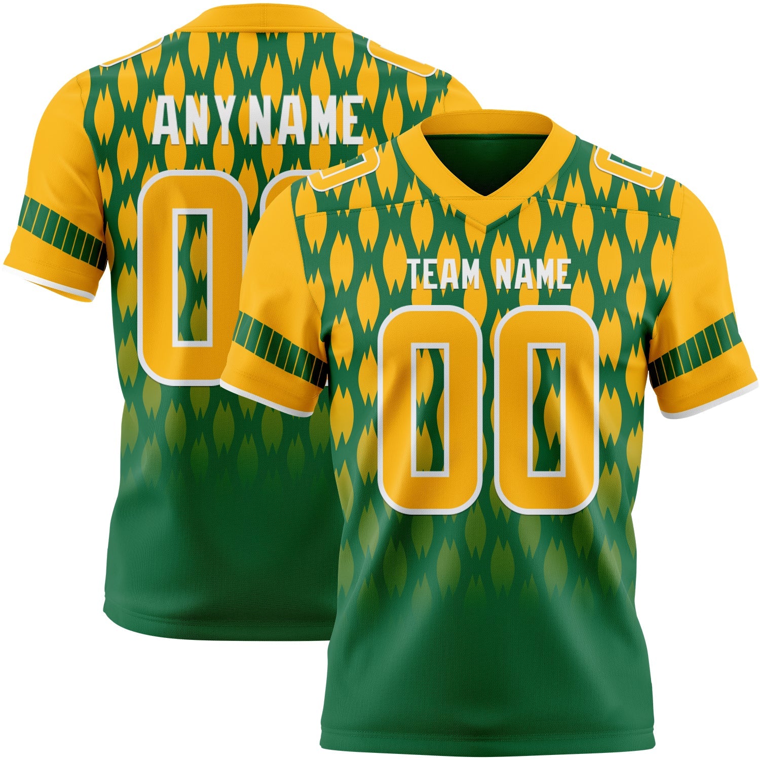 Custom Kelly Green Gold-White Authentic Geometric Pixel Grid Fade Football Jersey - Main View