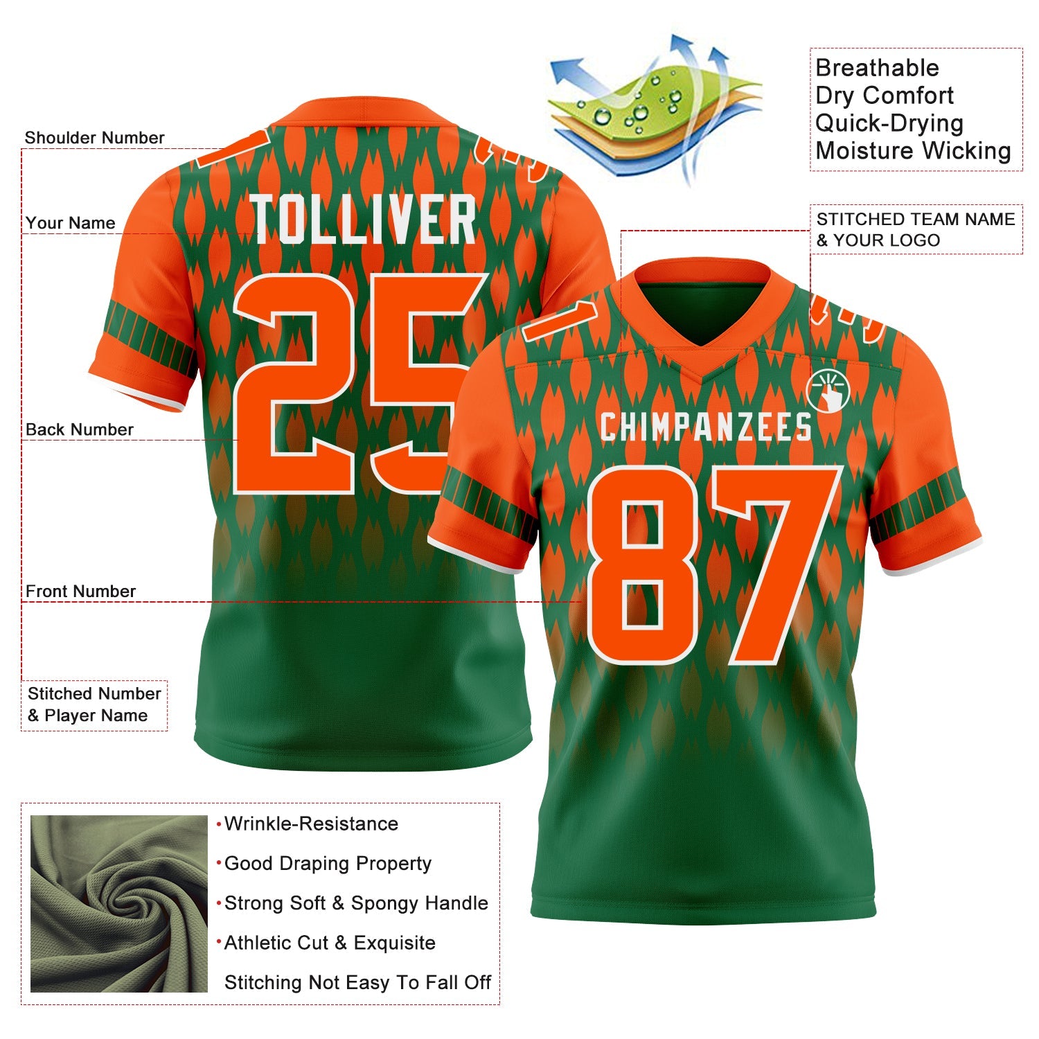 Custom Kelly Green Orange-White Authentic Geometric Pixel Grid Fade Football Jersey view 3