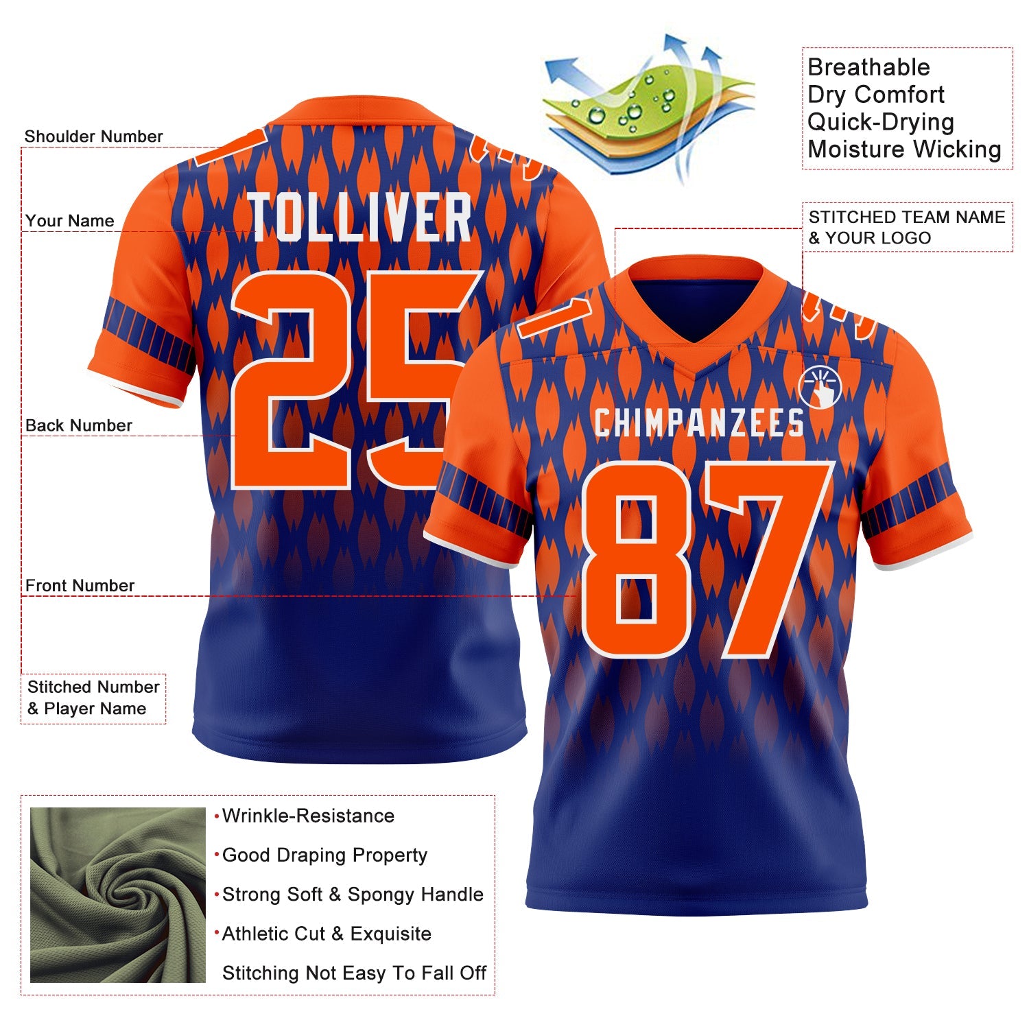Custom Royal Orange-White Authentic Geometric Pixel Grid Fade Football Jersey view 3