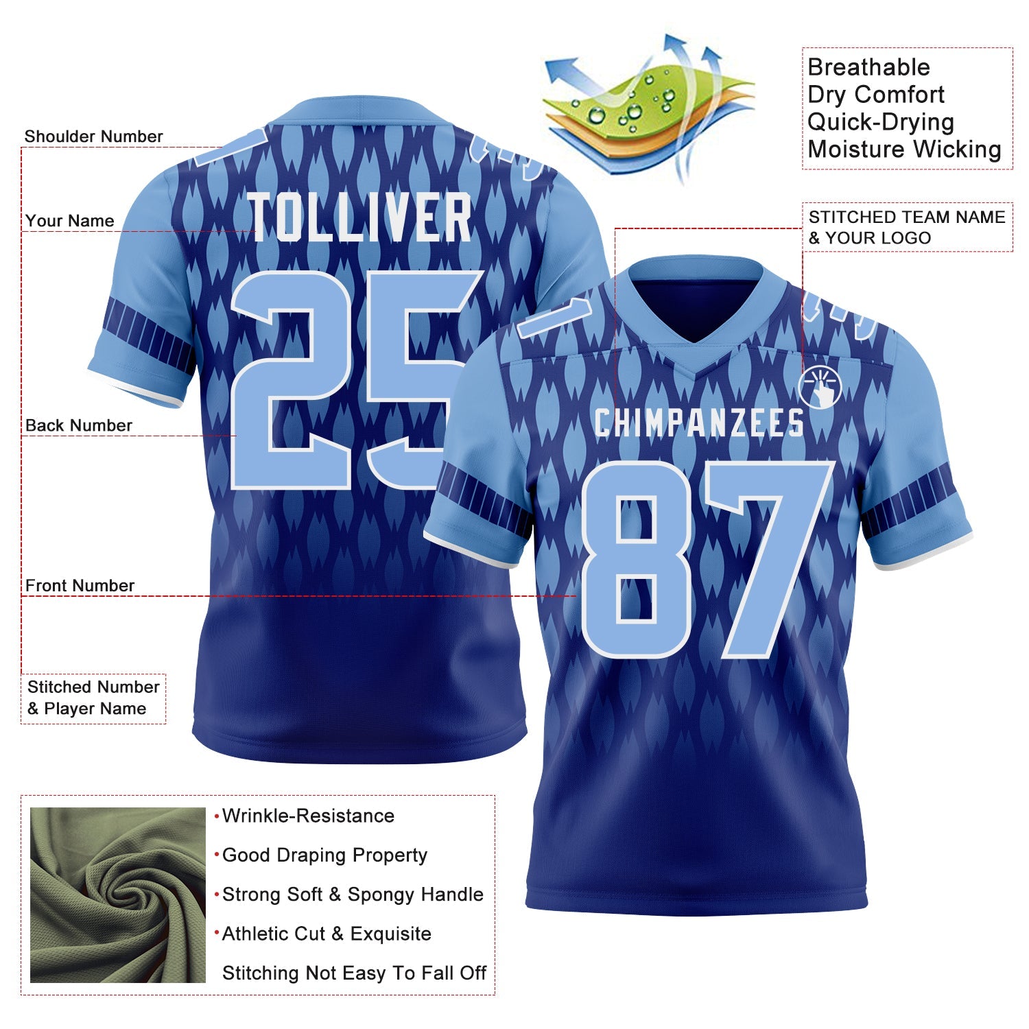 Custom Royal Light Blue-White Authentic Geometric Pixel Grid Fade Football Jersey view 3