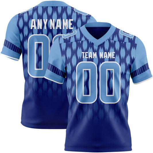 Custom Royal Light Blue-White Authentic Geometric Pixel Grid Fade Football Jersey - Main View