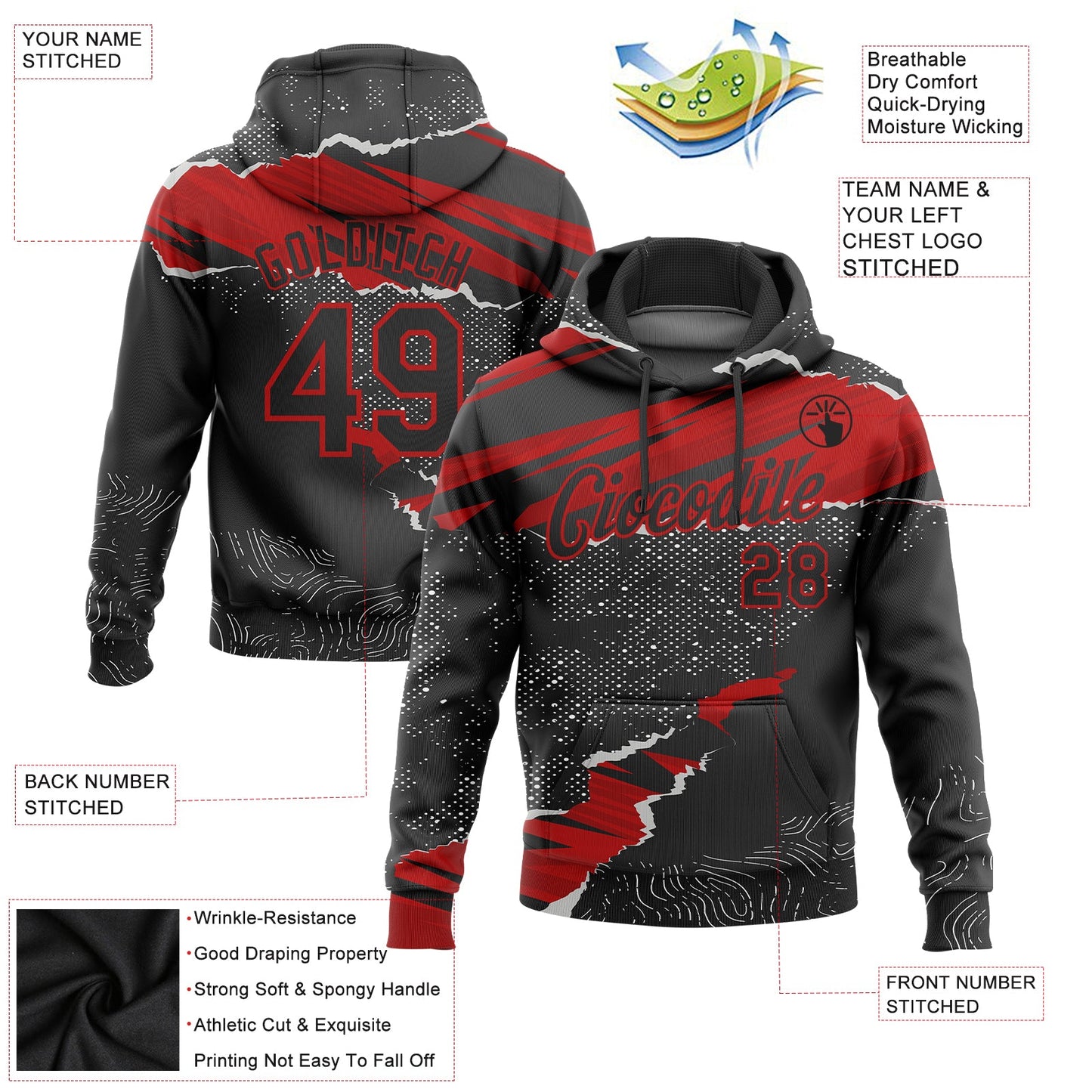 Custom Stitched Black Red 3D Pattern Design Torn Paper Style Sports Pullover Sweatshirt Hoodie view 3