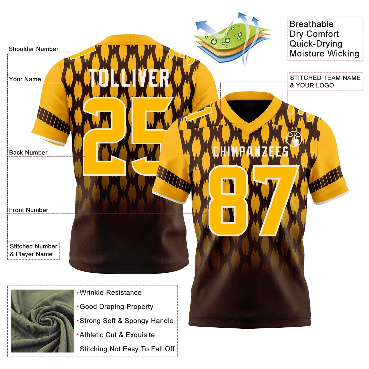 Custom Brown Gold-White Authentic Geometric Pixel Grid Fade Football Jersey view 3
